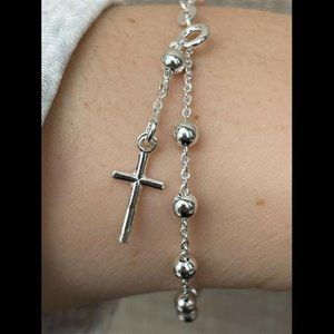 4mm Rosary Bead Rosario Cross Ladies Bracelet Genuine 925 Sterling Silver Italy